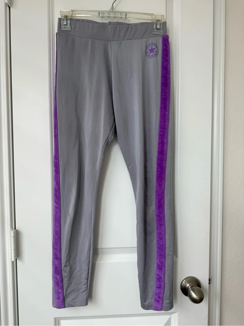 Converse All Star Girls' XL Gray Leggings with Purple Side Stripe & Logo